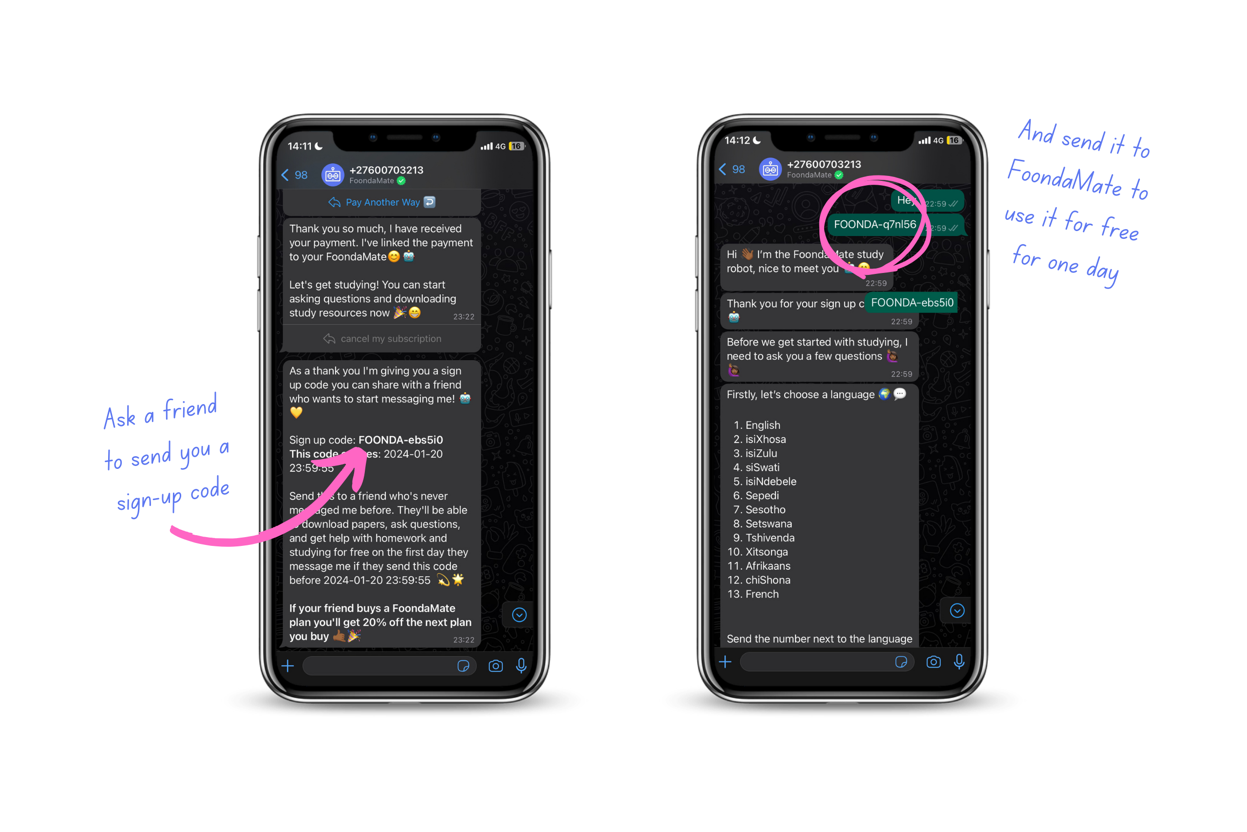 FoondaMate WhatsApp number 2023 get a sign-up code