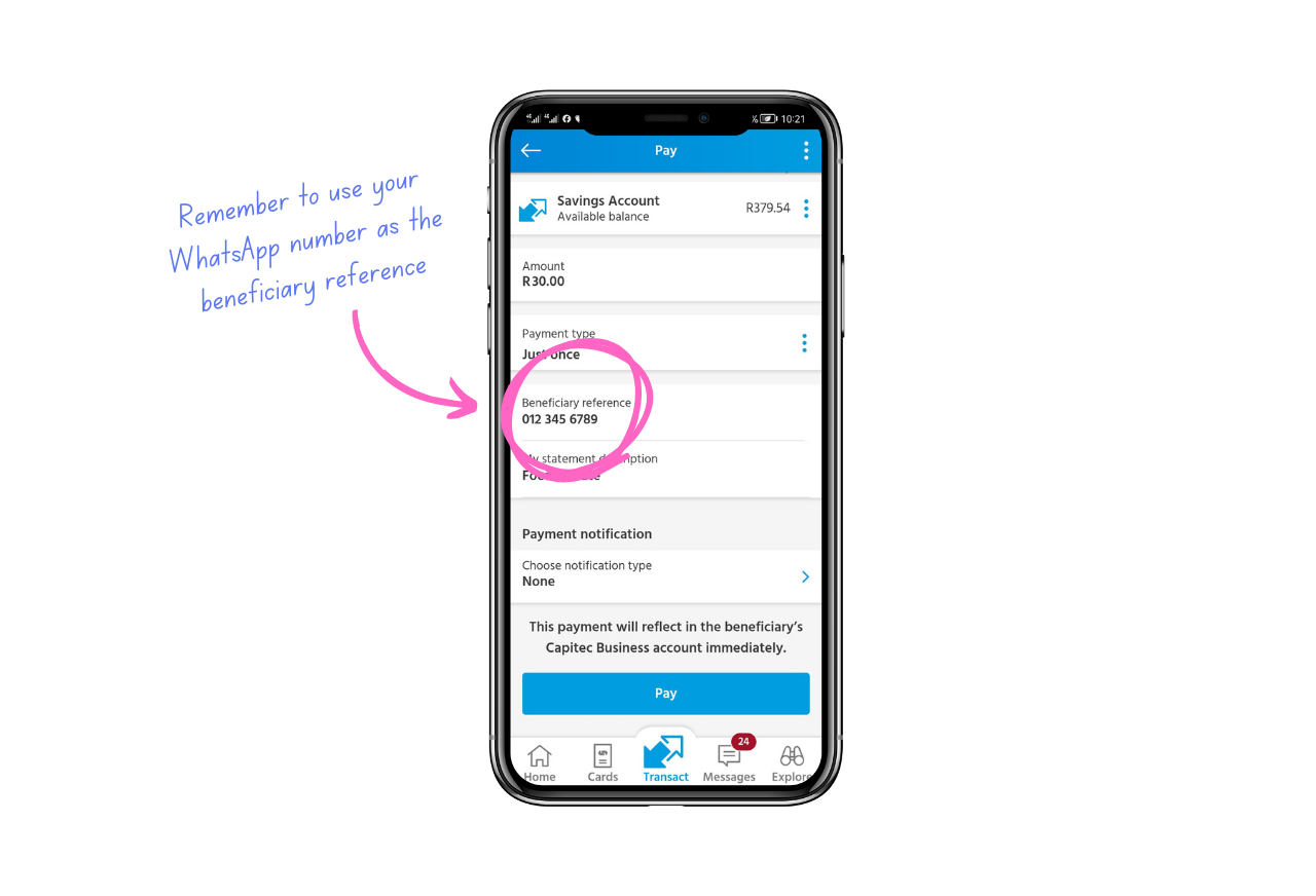 How to pay FoondaMate via Capitec use your WhatsApp number as reference