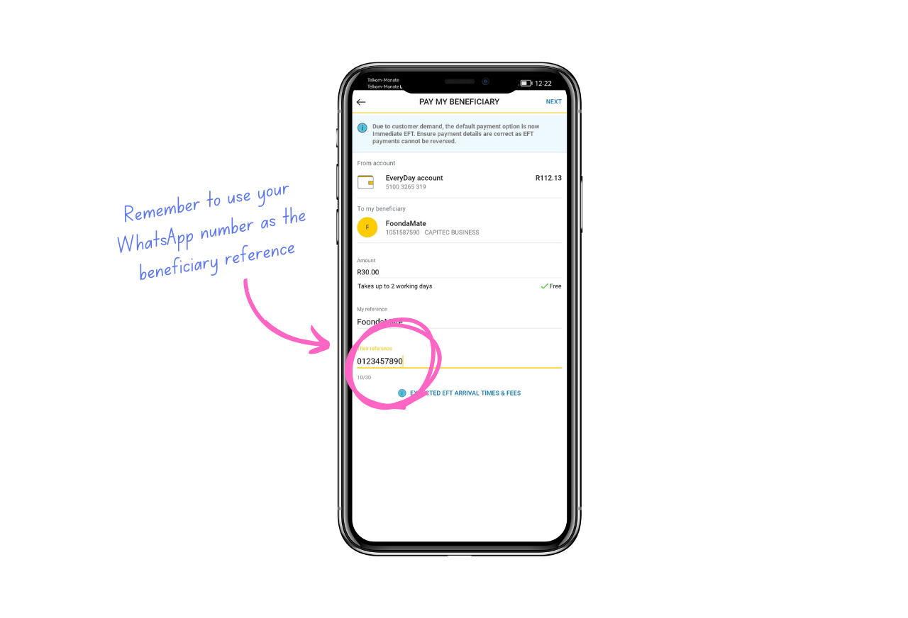 How to pay FoondaMate via TymeBank use your WhatsApp number as reference
